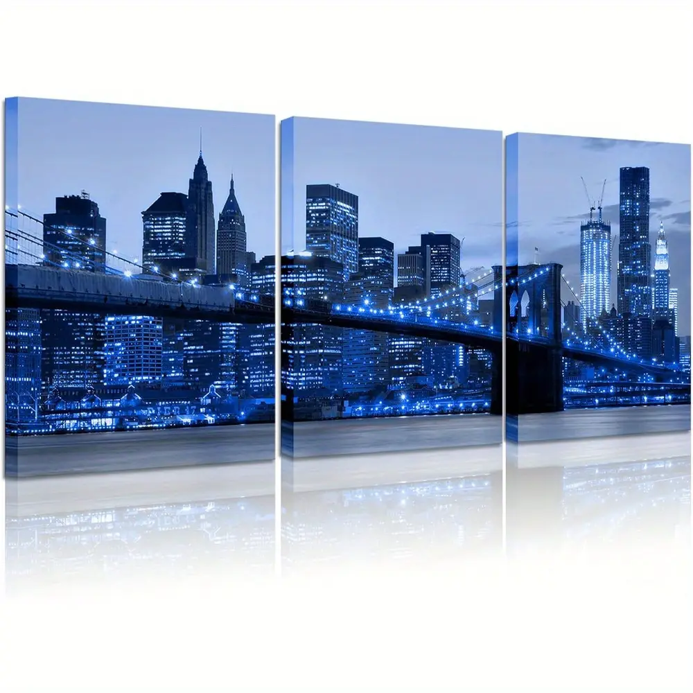 2D flat,Modern 3 Pieces Cityscape Canvas Prints, Blue NYC Brooklyn Bridge Night Scene Framed Wall Painting for Living Room Office, Holiday Gift