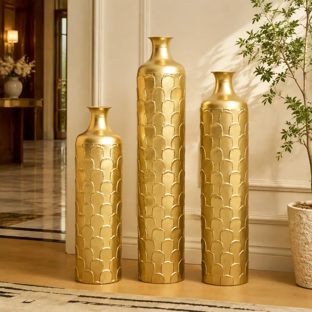 ARCH Set of 3 Tall Metal Floor Vases White Textured Cylinder Vases for Home Decor, 25.2in/29.33in/34.25in Height, Glazed Gold Finish, Large Decorative Vases for Living Room Entryway Centerpiece, Golden Color Options, Metal Material