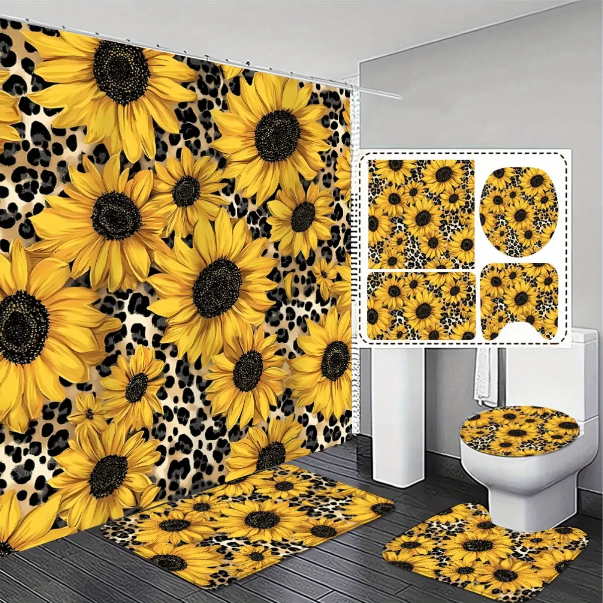 Four-piece bathroom decoration set, sunflower bathroom set - bathroom non-slip mat and toilet cover cover - colorful and fashionable design, exquisite and practical home decoration gifts, Bathroom Accessory Set