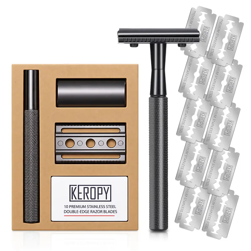 KEROPY Reusable Double Edge Safety Razor, Unisex Razor with 10 Stainless Steel Blades, Reusable Razors
