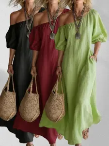 2026 Vacation Style Casual Chic One-Shoulder Linen Bubble Sleeve Loose Fit Slimming A-Line Long Dress for Women, Comfortable and Stylish Summer