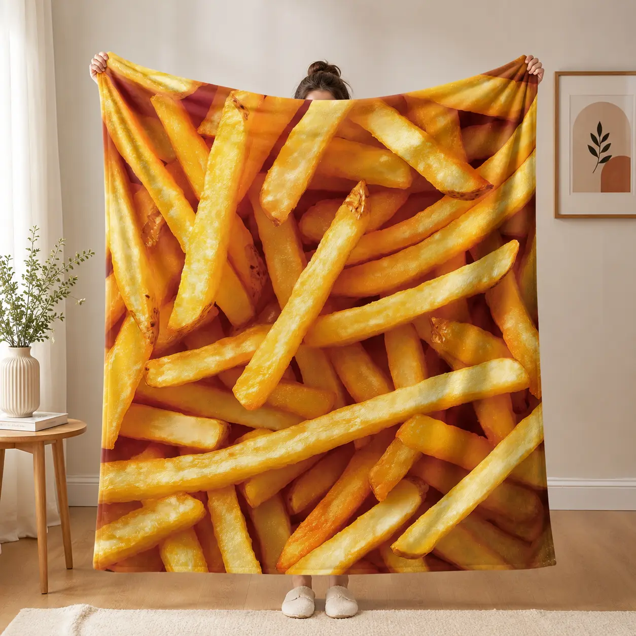 French Fries Pattern Flannel Blanket, 1 Count Soft Comfortable Throw Blanket, Cool Bedroom Bedding Blankets, Warm Napping Blanket for Home Office Camping, Food Themed Blanket
