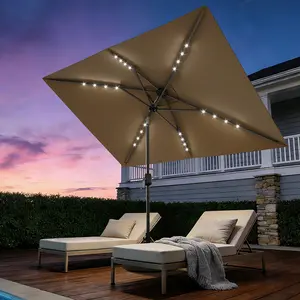 Solar Rectangular Patio Umbrella 10' x 6.5' with LED Lights, Outdoor Table Umbrella with Crank & Push Button Tilt, 6 Ribs Market Umbrella for Garden, Deck, Lawn, Pool