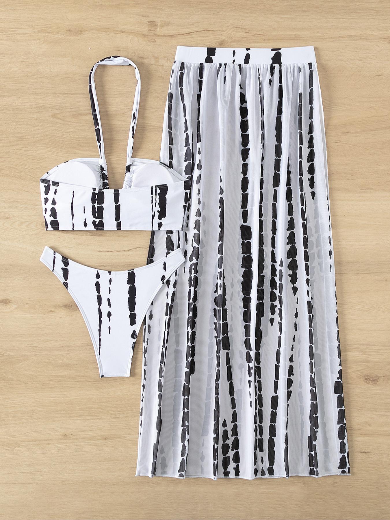 Three-piece Set Women's Tie Dye Print Criss Cross Swimsuit Set, Boho Halter Neck Bra & Split Thigh Skirt & High Cut Panty Set, Ladies Summer Swimsuit Set, Summer Beach Bikini, Beach Bikini Set, Halter Bikini Sets