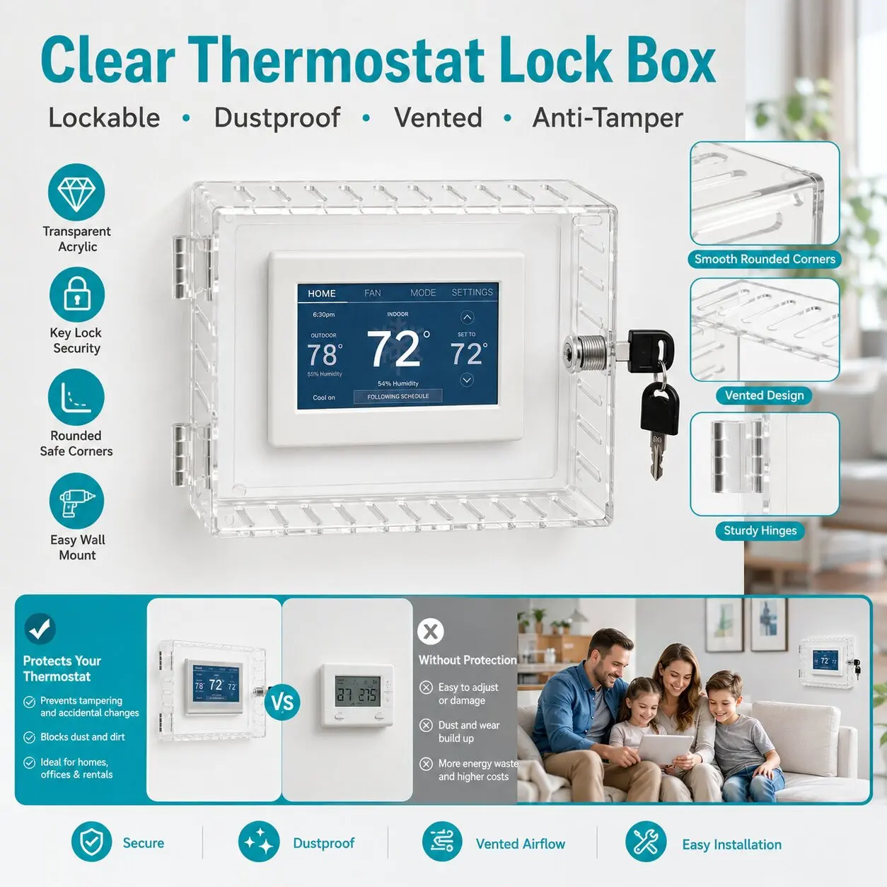 Clear Thermostat Lock Box, Wall Mounted Acrylic Thermostat Cover with Key Lock, Dustproof Vented Anti-Tamper Thermostat Guard, Large Protective Locking Case Fits 4.8"H x 6"W or Smaller for Home Office School Restaurant Hotel Store