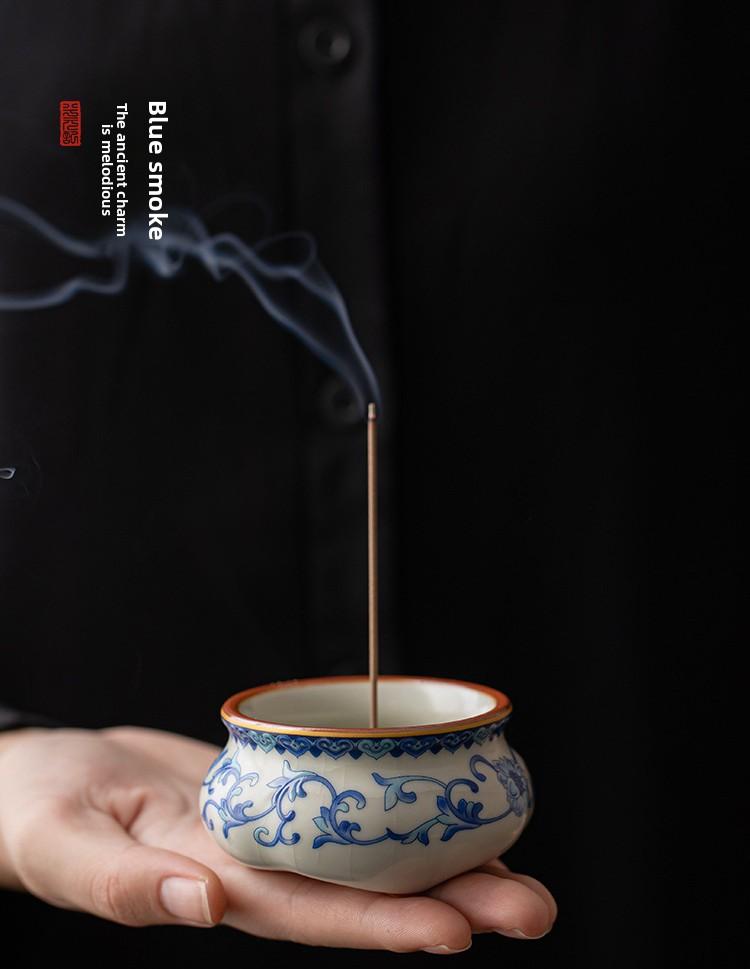 Xi Yuan Ji Blue and White Ru Kiln Incense Burner Stick Holder Three-Legged Sandalwood Censer for Home Indoor Tea Set Accessory incense stick