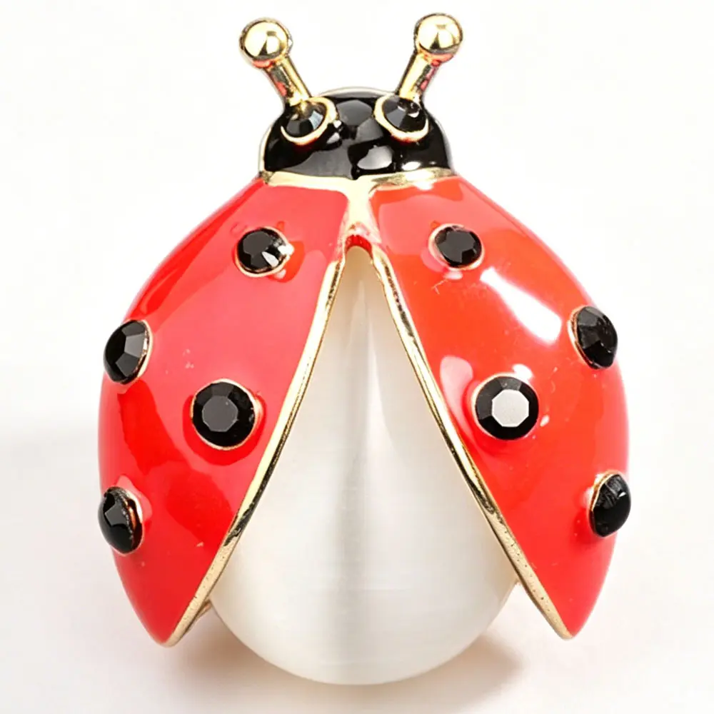 Cute Ladybug Brooch Red Enamel Black Rhinestone Pearl Detail Decor Playful Accessory