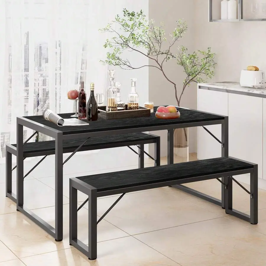 45.5'' Dining Table Set 4 With 2 Benches, Adjustable Foot Pads, Dining Room Table Chairs Set  With Metal Frame& MDF Board, Space Saving Dinette Dining Room, Living Room,  Home Decor