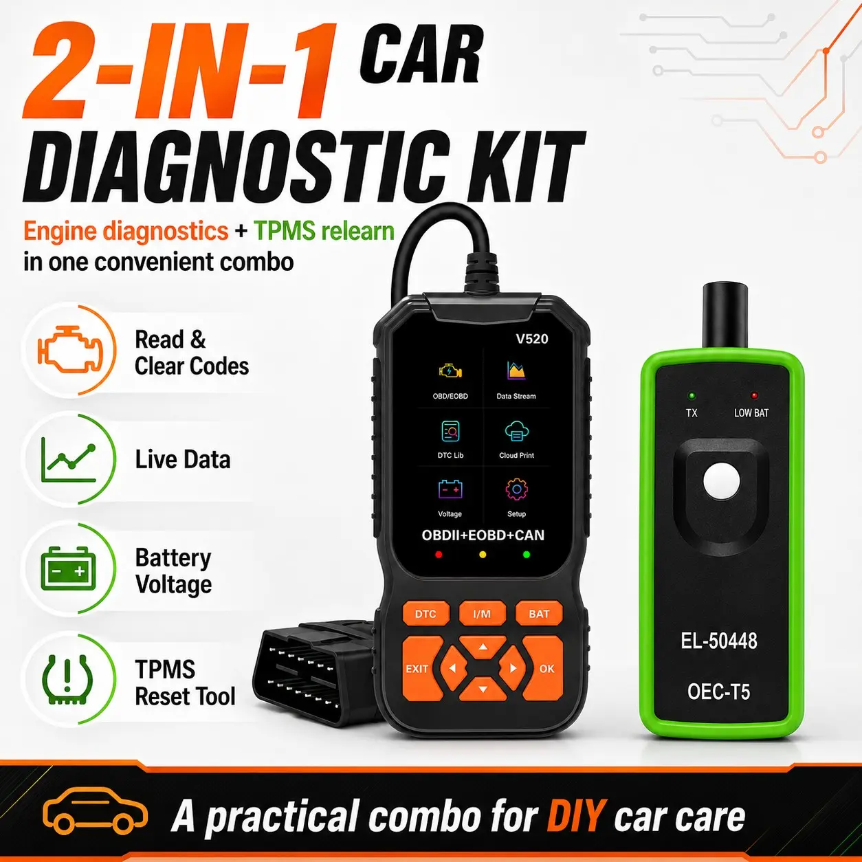 V520 Obd2 Scanner and El-50448 Tpms Relearn Tool Combo Kit, Automotive Diagnostic Scanner, Car Engine Code Reader, Live Data, Battery Voltage, Tire Sensor Reset