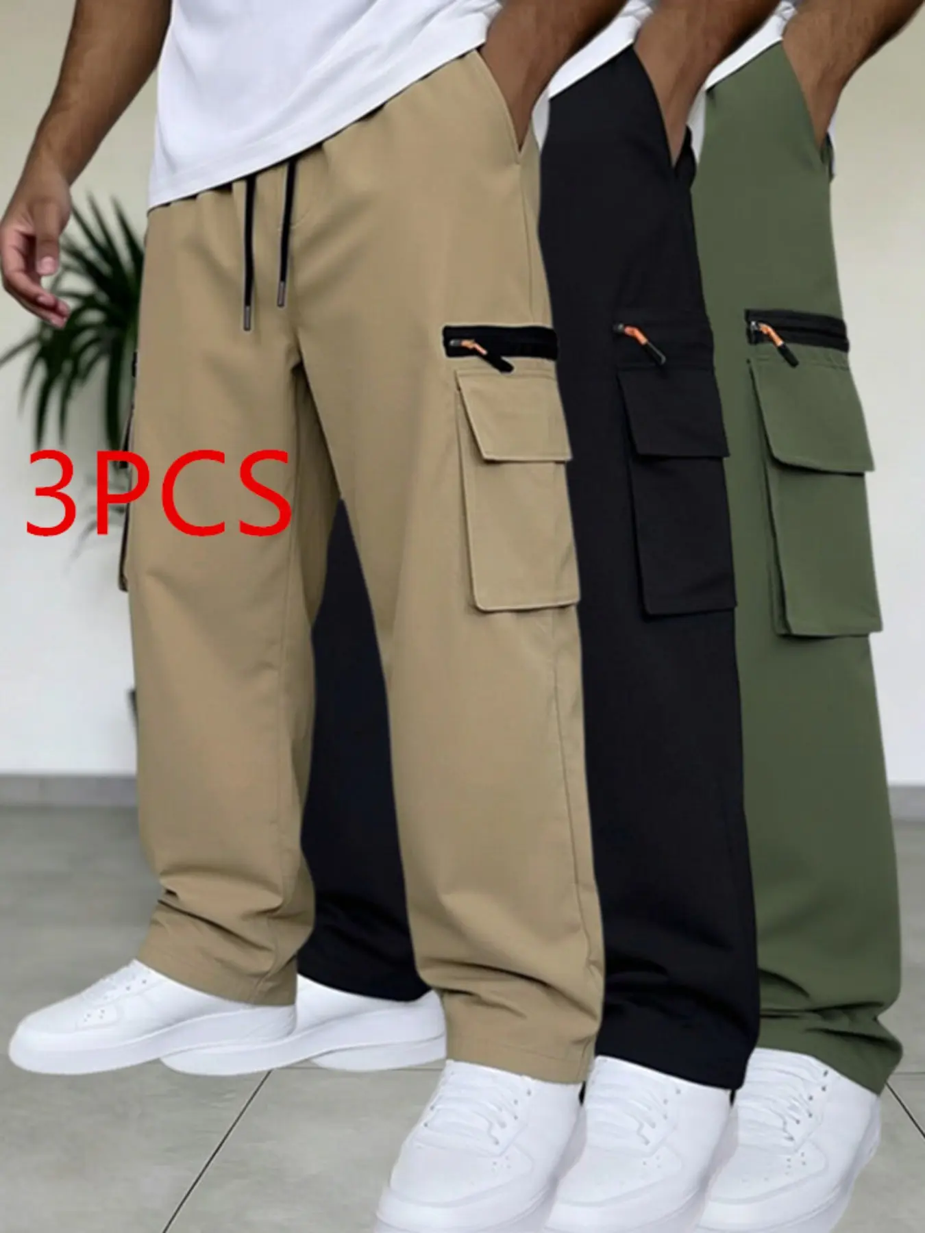 Suitable for all seasons, men's loose wide leg work pants, adjustable drawstring waist zipper work pants, breathable side pockets, outdoor daily street wear pants