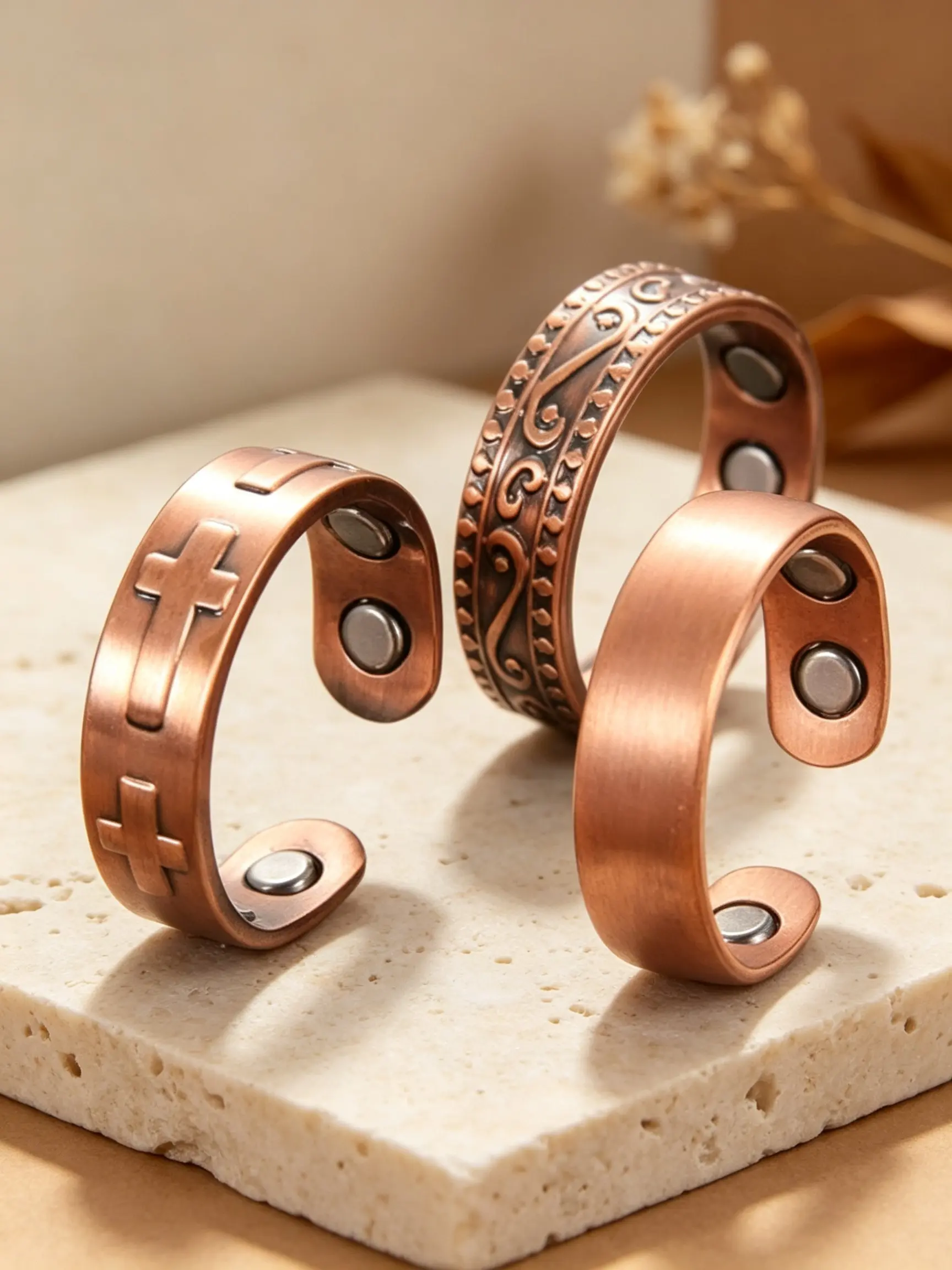 99.99% Pure Copper Adjustable Magnetic Rings Set for Men & Women, Cross & Wireless Symbol Design Vintage Durable Everyday Jewelry Gift, Adjustable Statement Rings