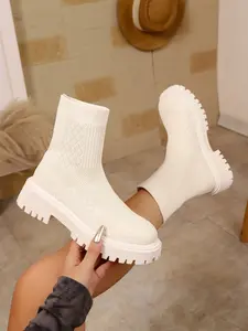 Women's Knit Sock Platform Boots, Slip-On Lug Sole Ankle Boots, Comfortable Casual Footwear for Fall Winter Streetwear & Everyday Wear