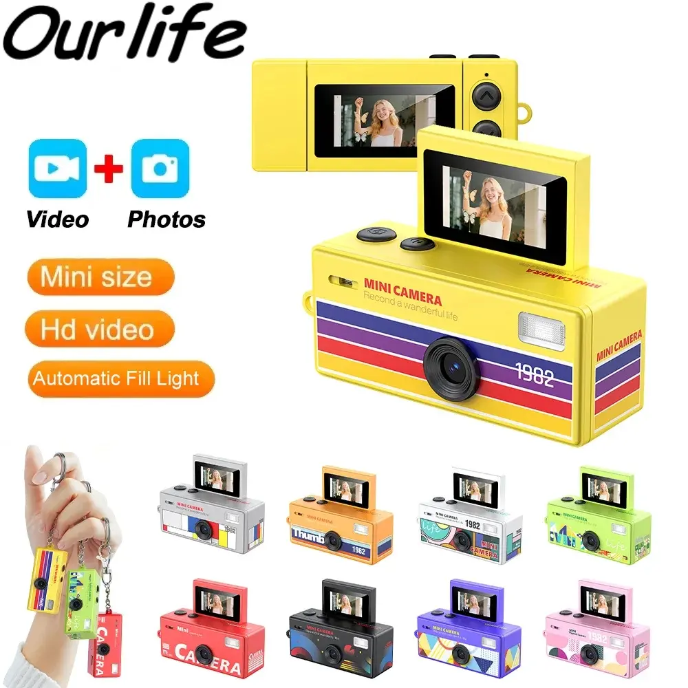 Ourlife Digital Camera 180° Flip Screen Selfile Keychain Camera Retro Support Memory Card HD Very Small Camcorder Video Recorder Lens Portable Compact White Flash
