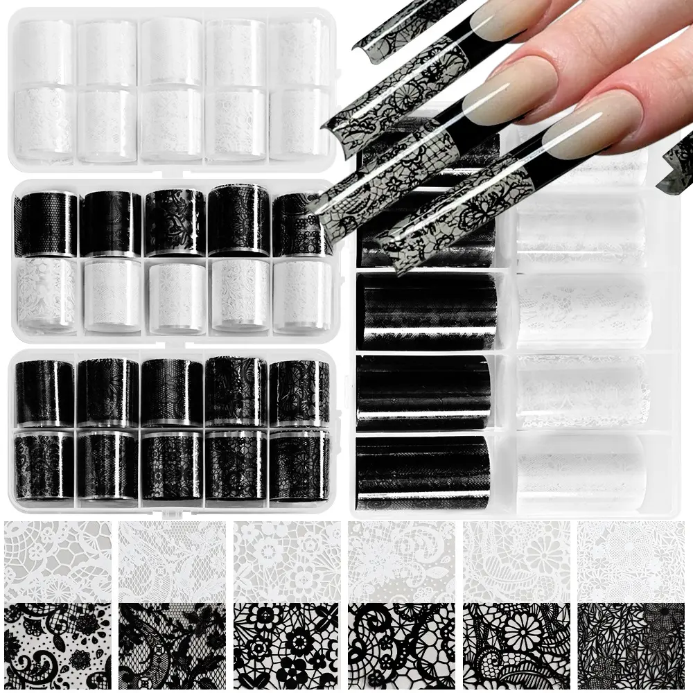 10-Rolls Lace Nail Foil White/Black Nail Transfer Foil Flower Nail Art Foils Decals Retro DIY Handmade Holographic Foils for Nails Manicure Stickers Gothic Flower Nail Art Stickers Decals Set