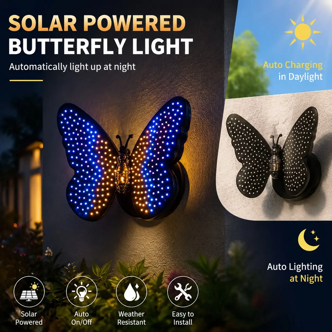 Solar LED Outdoor Wall Light, Creative Design, Color-Changing Butterfly Style, Garden Lawn Decorative Lamp, Energy Efficient Lighting