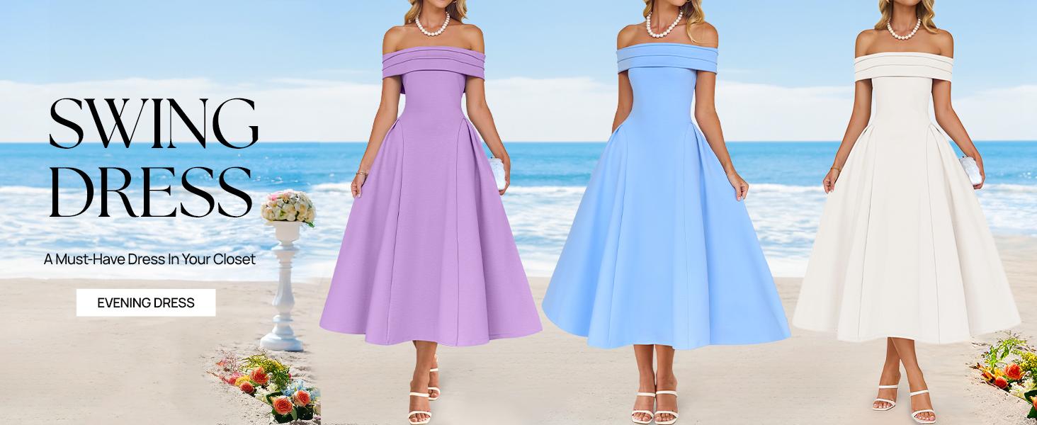 Cocktail Dresses for Women's Elegant Off Shoulder Short Sleeve Swing A Line  Wedding Evening Party Midi Dress Fashion Formal - TikTok Shop