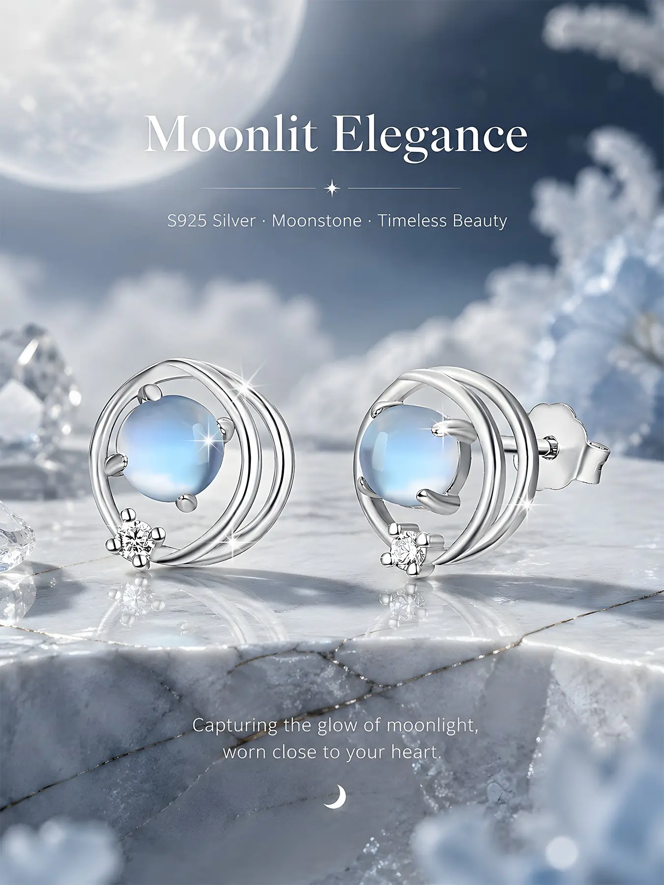 Elegant S925 Silver Moonstone Earrings, Hypoallergenic Cubic Zirconia Studs, Casual All-Season Jewelry, Perfect Gift for Friends & Holidays, Versatile Earrings