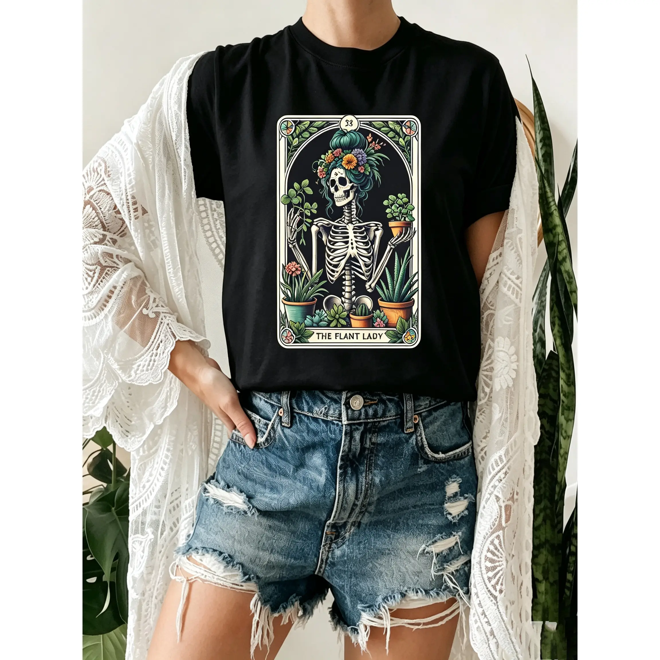 The PLANT LADY Skeleton Tarot Card T-shirt, Skeleton Plant Lover Shirt, Plant Mom Shirt, Witchy Funny T-Shirt, Humorous Shirt