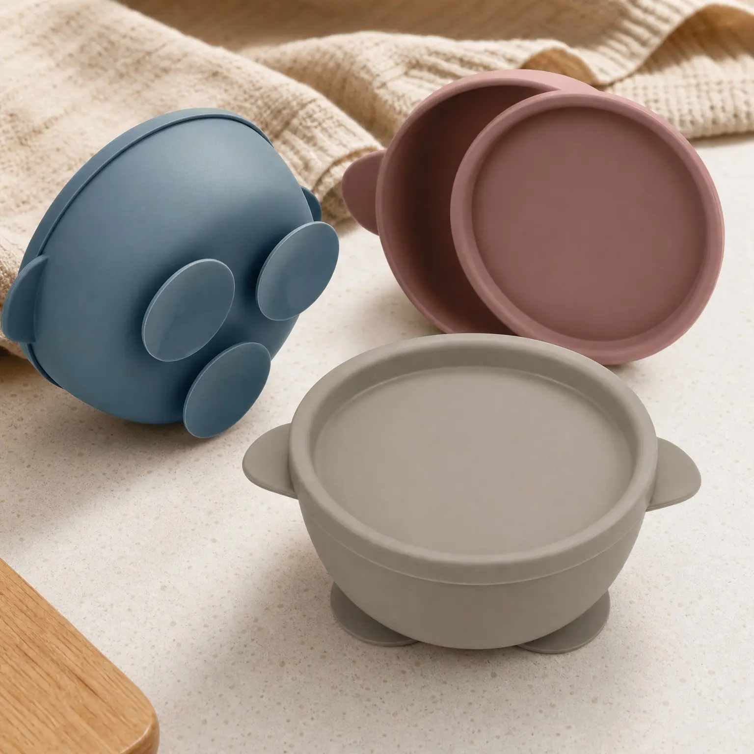 3 Pack Silicone Baby Suction Bowls with Lids – Stay-Put Toddler Bowls for Self-Feeding & Travel, 100% Food Grade BPA-Free, Leakproof Feeding Set (Muted Earth Tones)(Gift)
