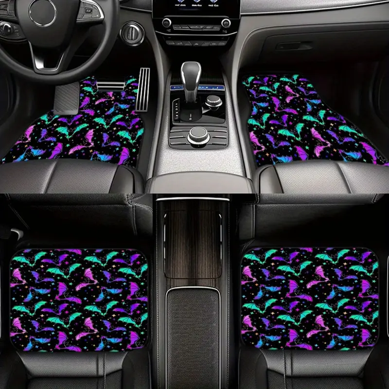 Neon Bat Pattern Car Floor Mats - 2/4 Piece Set, Water Absorbent, Non-Slip, Stain-Resistant, Suitable for Cars, Vans, Trucks, SUVs, Provides Full Front and Rear Protection