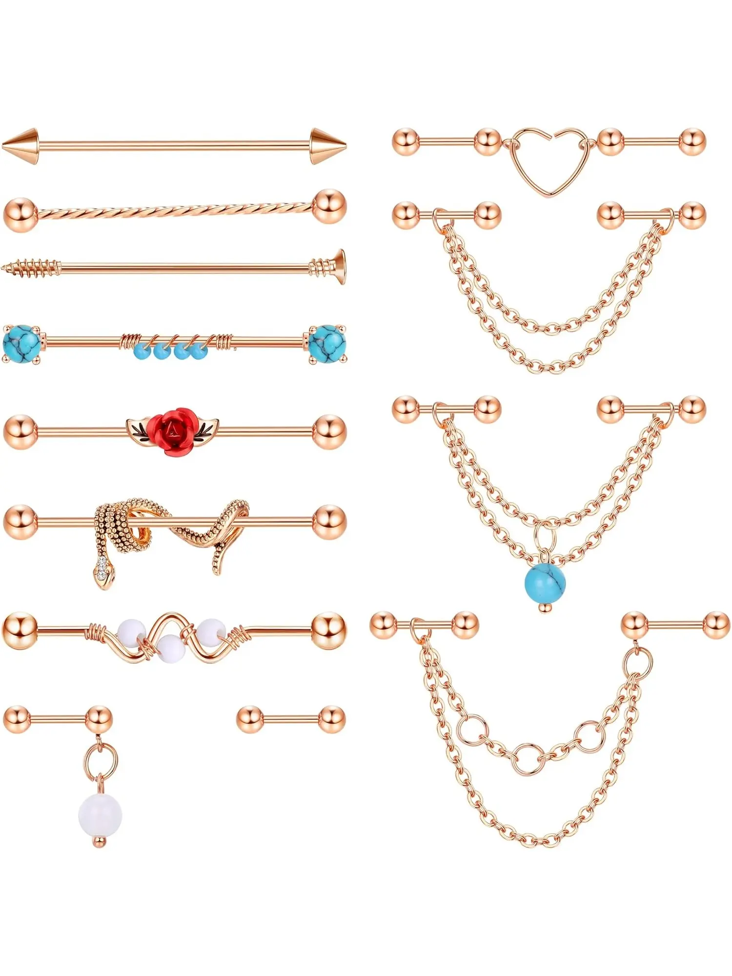 13Pcs Unisex 14G & 16G Hypoallergenic Surgical Steel Industrial Bar Piercing Set, Chain Linked Rose Snake Long Cartilage Industrial Earrings, Double Helix Piercing Body Jewelry For Daily Rave Festival Cosplay Party