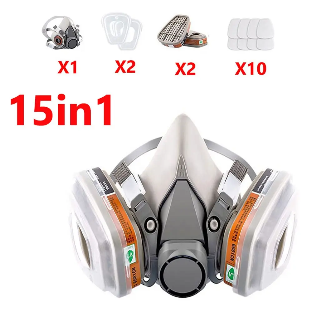 15in1 Gas Mask 6200 Set, Safety Equipment, Vehicle Painting Spray with Cartridge Box, Organic Acid Vapors Filters, Dust-Proof Mining Gear
