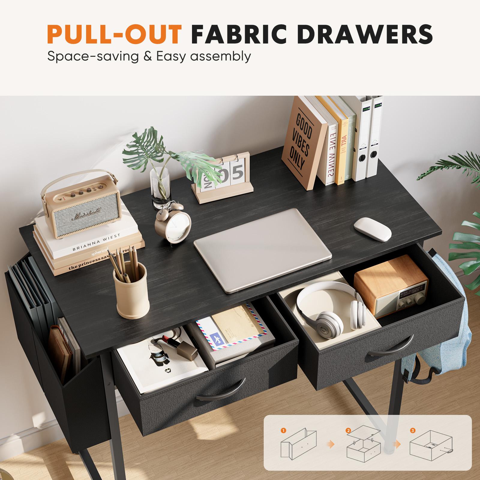 32/48 Inch Desk with 2 Drawers Bedroom Kids Student Vanity Home Office Computer PC Table with Fabric Storage Bag, Study Writing Wood Deskboard for Small Spaces