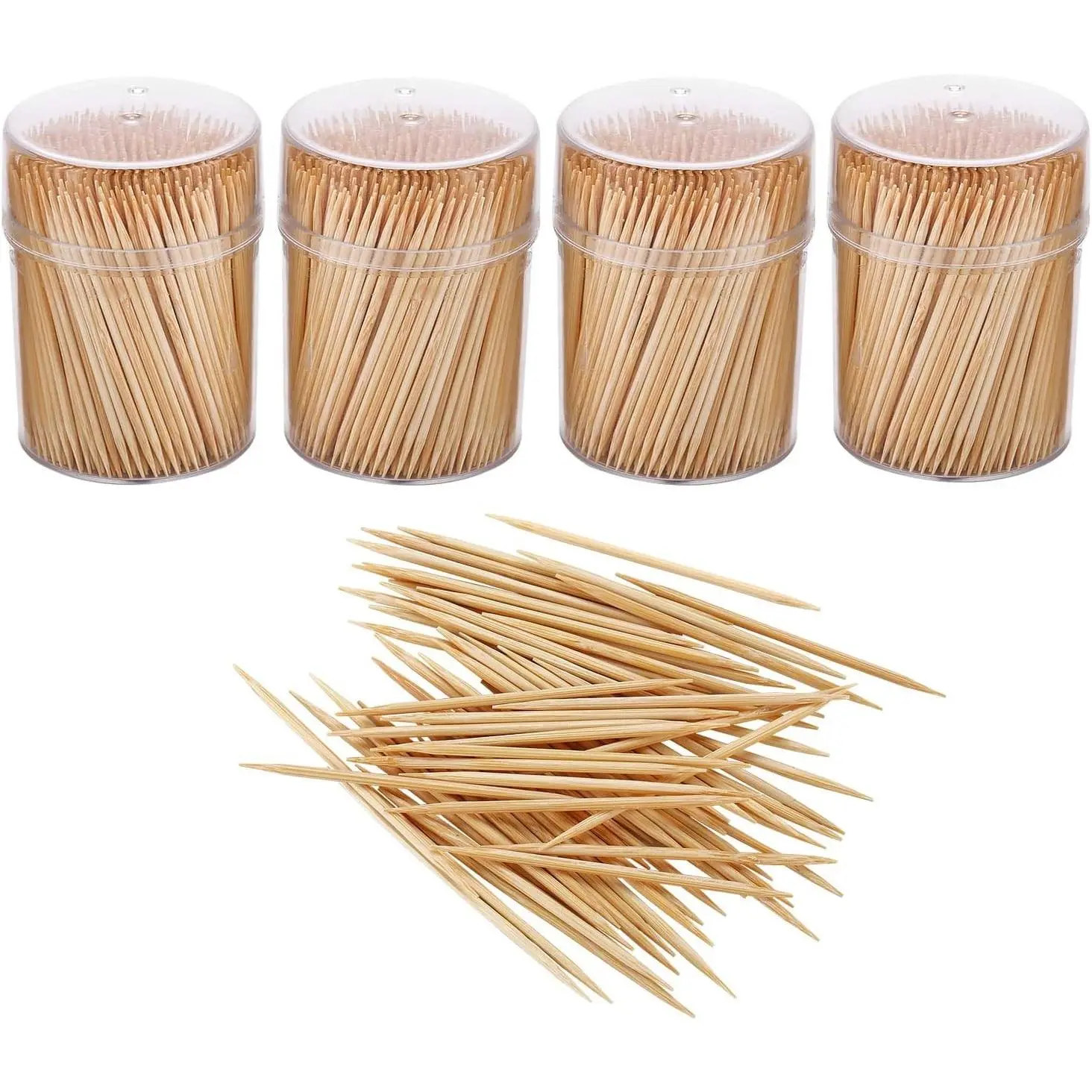 Bamboo Wooden Toothpicks - 1600 Pieces in Plastic Storage Holder | Sturdy Double Sided for Party, Olive, Fruit, Teeth Cleaning (4 Packs of 400pc)