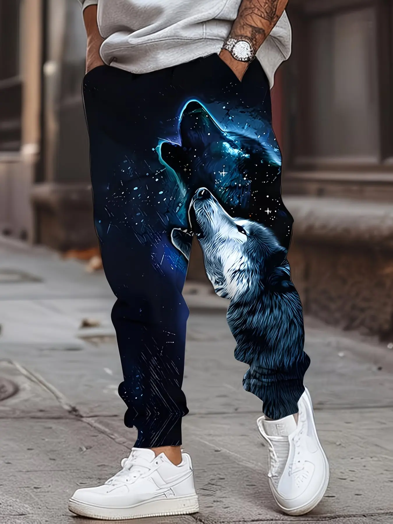Fashionable Men's 3D Wolf Pattern Printed Sports Pants, Drawstring Waist, Pockets, Casual Long Pants, All Seasons, Ankle Length