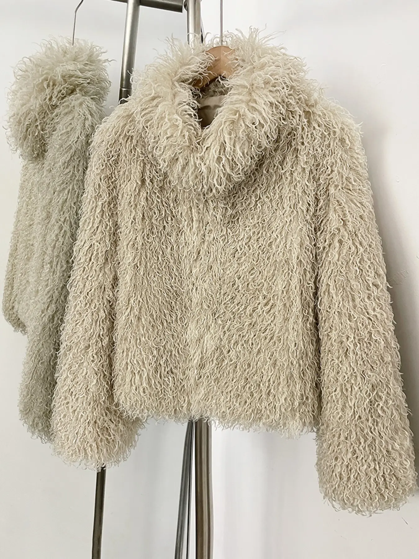 OFTBUY Women Vegan Fashion Stand Collar Mongolian Sheep Faux Fur Cropped Coat Thick Curly Fluffy Short Furry Jacket Winter Street Outerwear