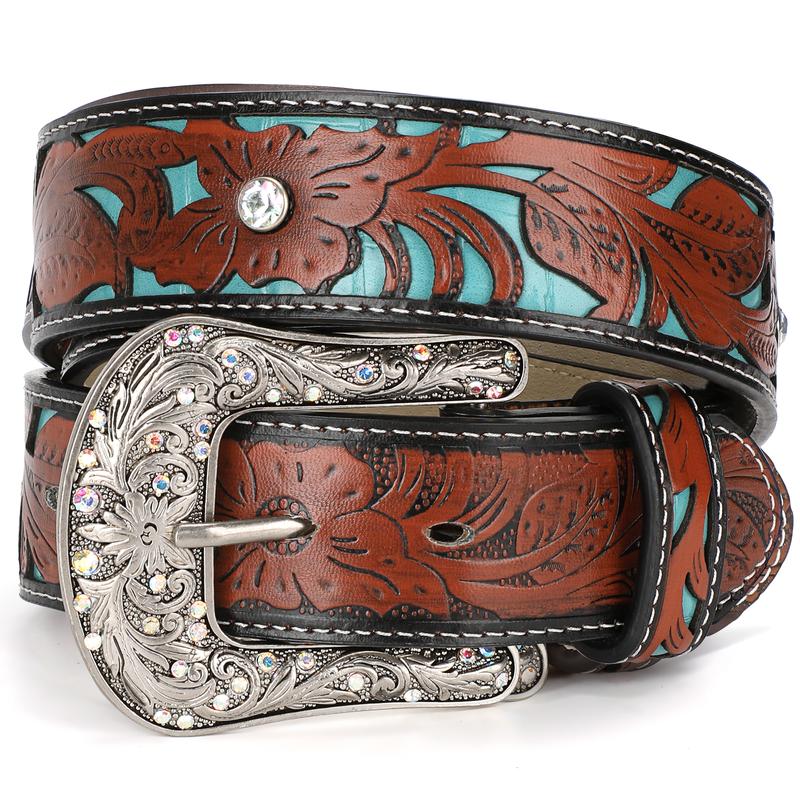 XZQTIVE Unveils Timeless Western Glamour: A Versatile, Cowboy-Inspired Leather Belt Adorned with Intricate Floral Embossing & a Captivating Rhinestone-Encrusted Turquoise Longhorn Buckle for All Boho Leaf Embossed Western Belt