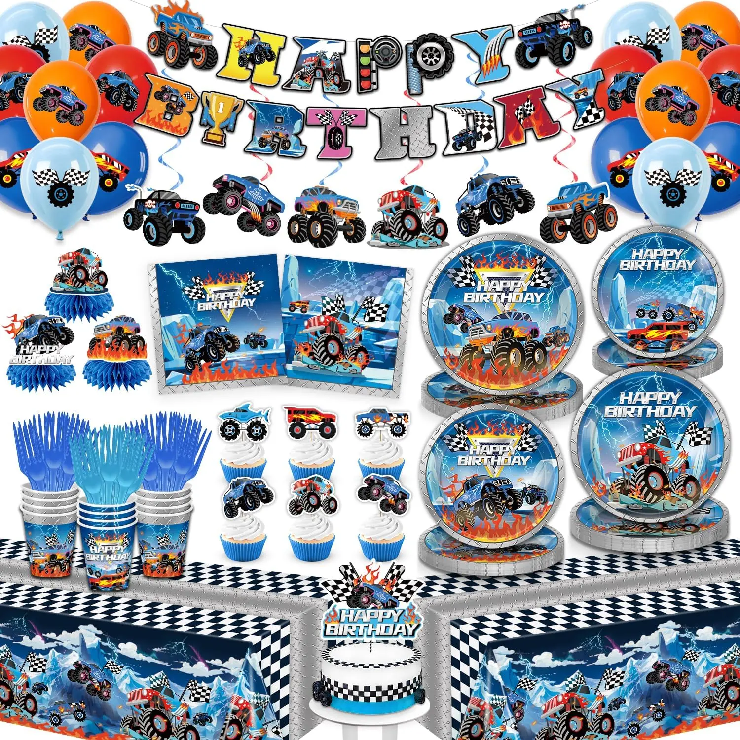 Monster Truck Birthday Decorations for Boys, Truck Theme Party Supplies Kit| Monster truck theme, kids birthday, easy setup & cleanup, photo decor