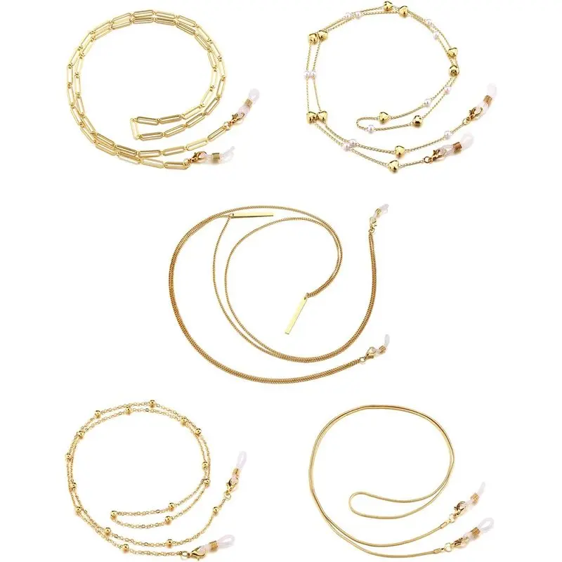5 Pieces Eyeglass Chains String Holders for Women 14K Gold Plated Stylish Link Necklace Around Neck Glasses Mask Sunglasses Chain Lanyard Eyewear Retainer Accessory Chain