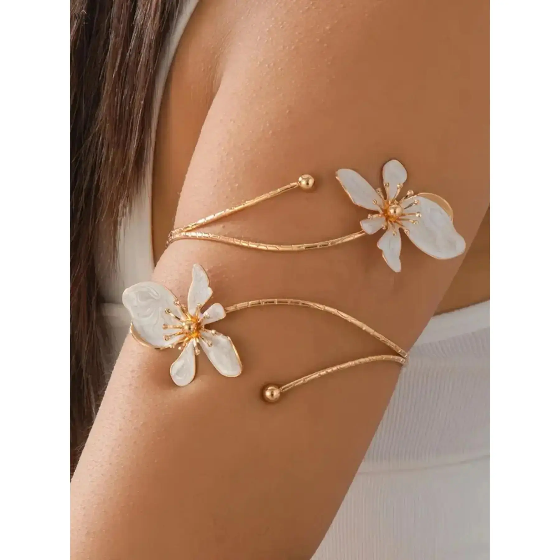 3 Colors Enamel Flower Open Cuff Bangle, Adjustable Gold Plated Dual Floral Arm Cuff Bracelet, Elegant Vintage Statement Wrist/Arm Jewelry for Wedding Daily Women Wear