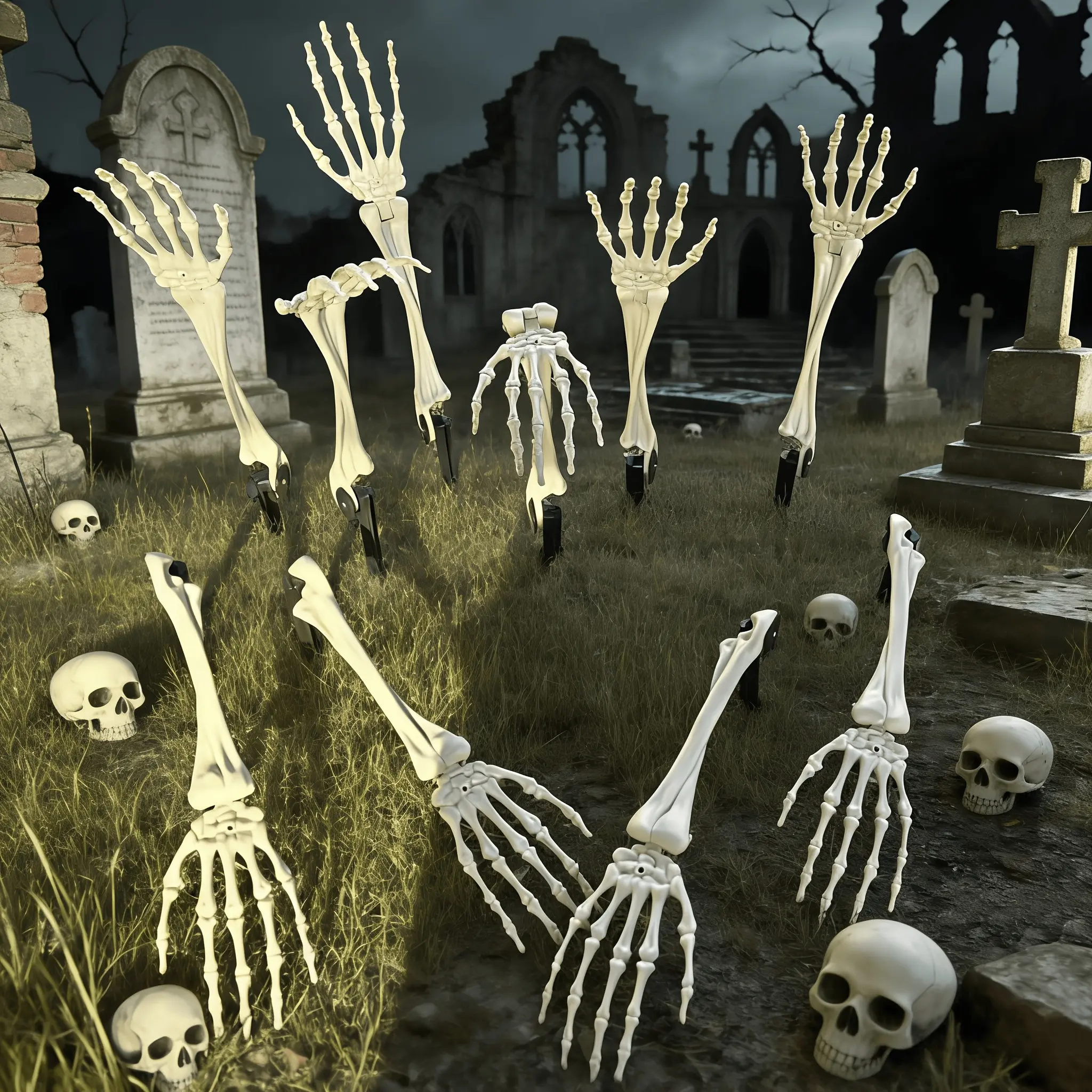 Posable Plastic Skeleton Hands with Movable Joints, Halloween Yard Lawn Decor, Haunted House Horror Prop, 1 Pair