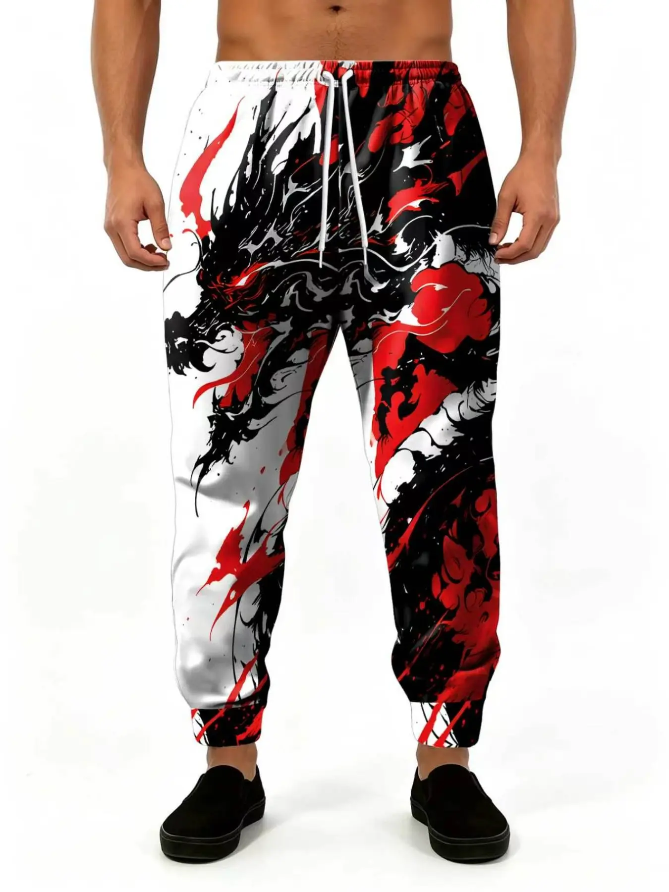 Men's 3D Dragon Print Sweatpants, Drawstring Waist, Mid Waist, Ankle Length, Casual Fitted Pants, All Seasons, Comfortable Home Wear