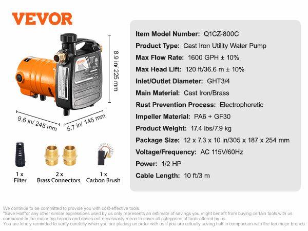 VEVOR Cast Iron Water Transfer Pump, 115V AC 1600 GPH 1/2HP, Portable Electric Utility Pump with Carbon Brush,, Brass Connectors, for Garden, Rain Barrel, Pool, Pond, Tub, Aquarium Draining