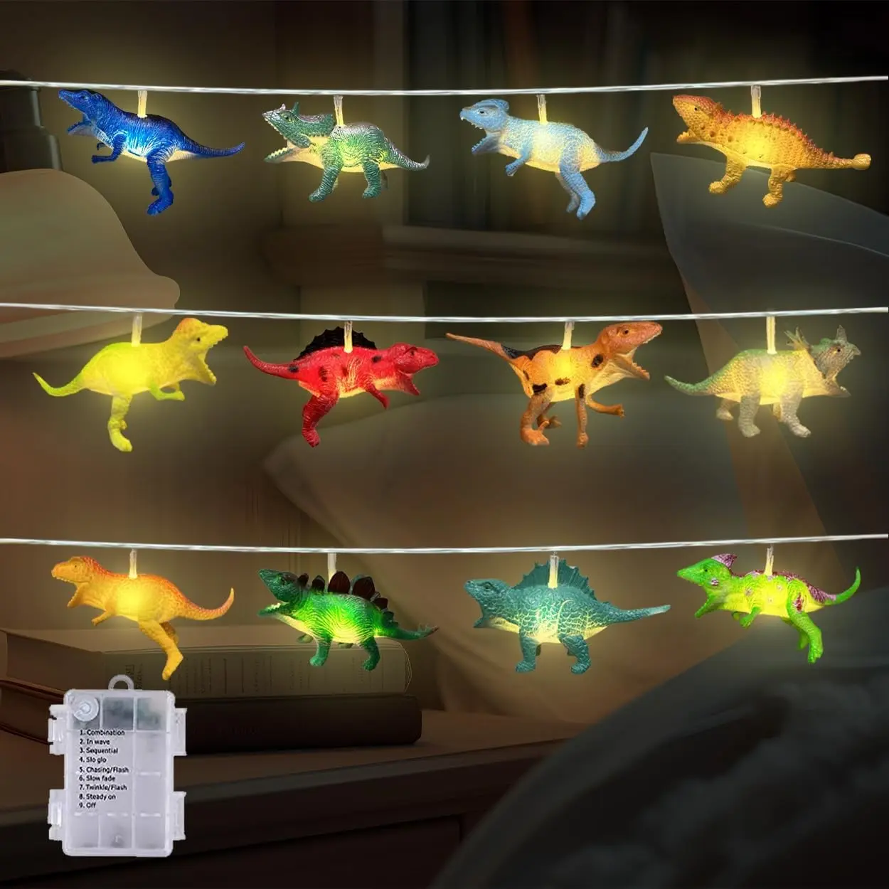 12 LED Dinosaur String Lights Battery Operated, 8 Modes Realistic Dino Fairy Lights for Boys Bedroom Garden Patio DecorationGift