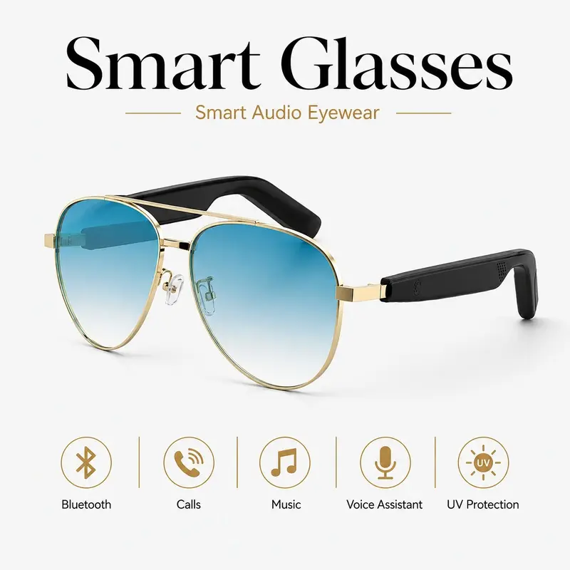 Smart Audio Glasses Bluetooth 5.4 Aviator Sunglasses, Polarized Gradient Lenses with Open-Ear Sound, Touch Control, Built in Microphone, Voice Assistant and 8H Playtime for Commuting and Travel