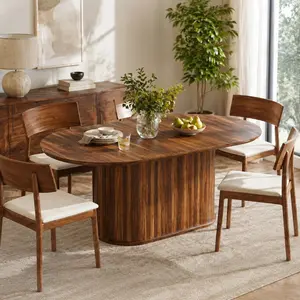 Walnut Extendable Dining Table – 4-Seat Arched Design with Striped Legs, 55.11" to 70.86", MDF, for Apartment Living Room Kitchen