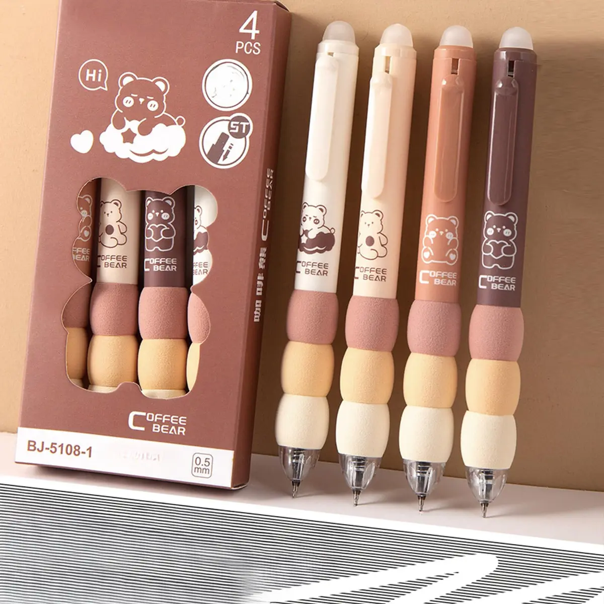 4 Pack Cute Cartoon Bear Retractable Erasable Gel Pens - 0.5mm Fine Point Black and Blue Ink - Kawaii School and Office Supplies Stationery - Super Soft Non-slip Grip - Plastic Material