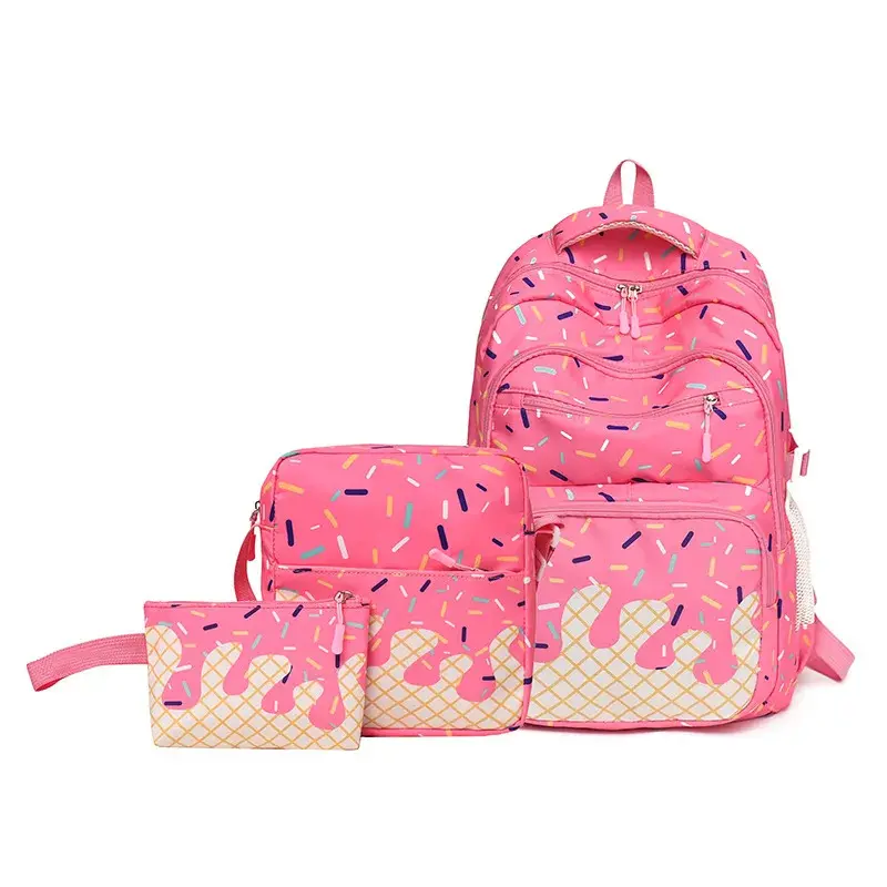 New Ice Cream Series 3 In 1 School Backpack Set, Korean Sweet Trendy Preppy College Style Waterproof Bookbag, Stylish Casual Daypack Backpack For Teen Girls Teenage Students, Large Storage Lightweight Backpack For School Commute Travel Outdoor Activity