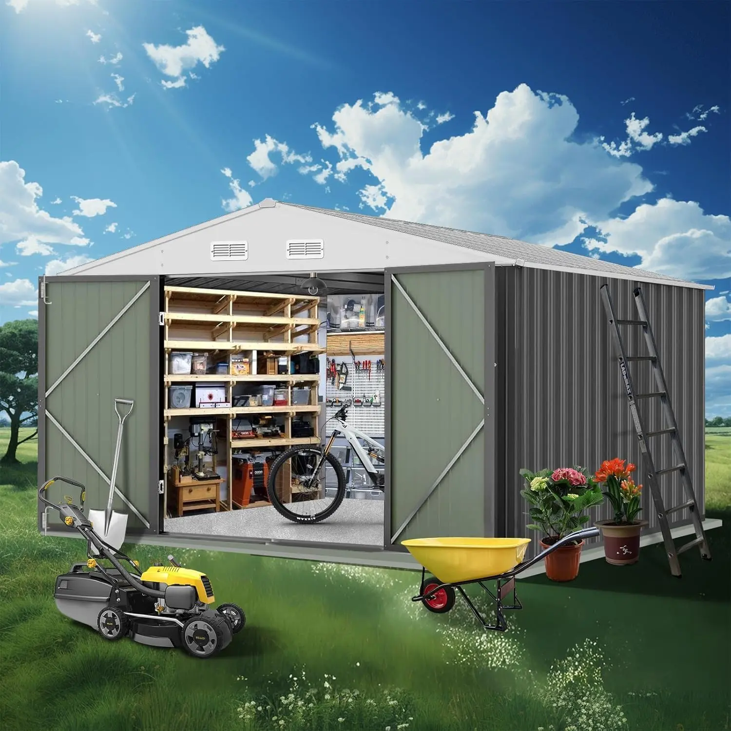 12x10 FT Galvanized Steel Storage Shed, Waterproof Outdoor Organizer with Lockable Double Doors for Tools, Bikes & Lawn Mowers