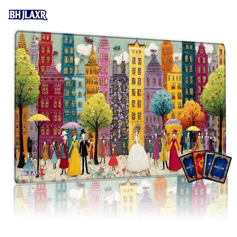 Whimsical Colorful Cityscape Wedding Party MTG Playmat 12x24in Non-Slip, TCG Card Game Playmat for Family Gatherings & Gift, Festive Bridal Scene with People & Ornate Buildings