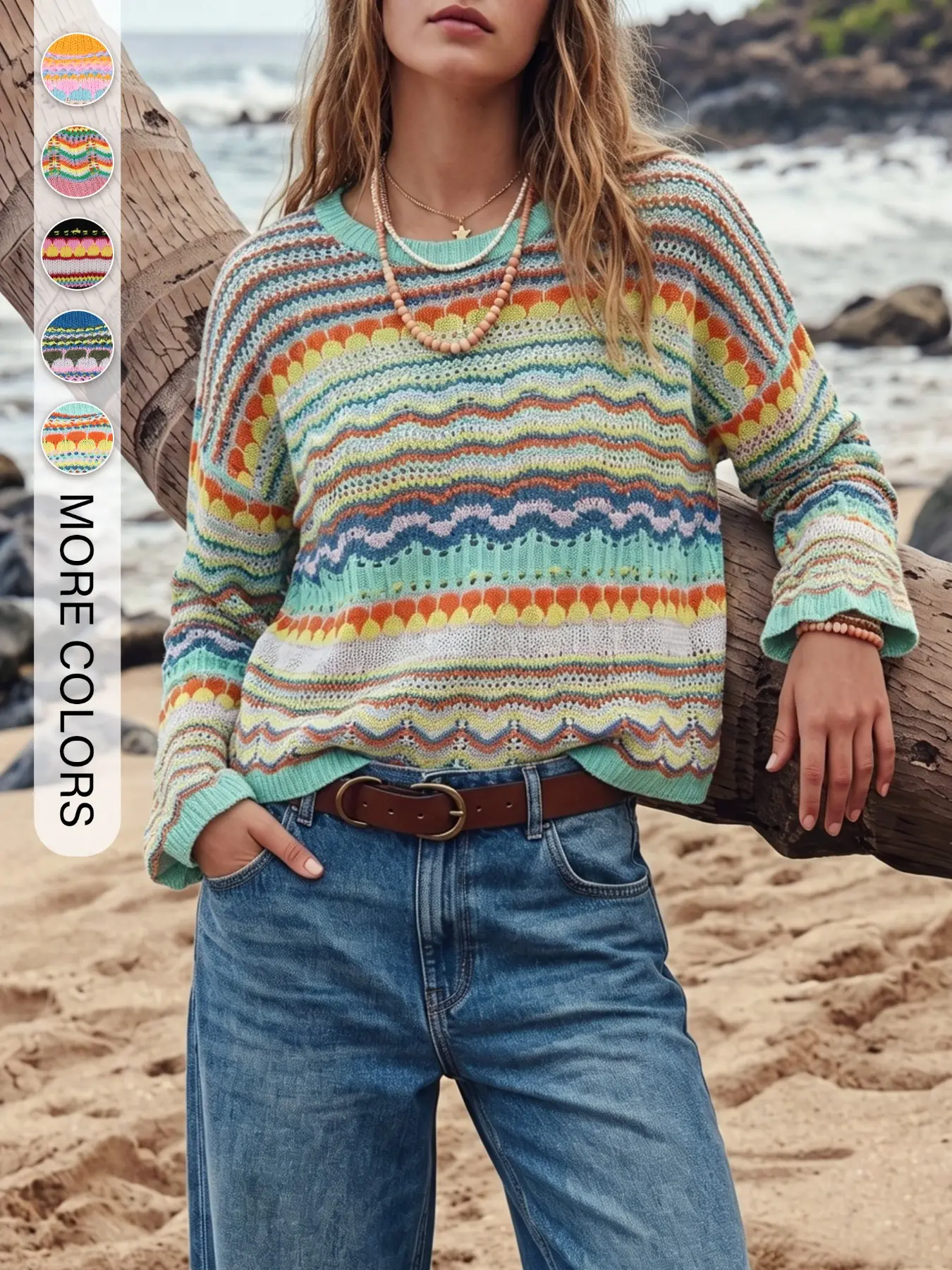 Women's Casual Striped Knit Pullover Sweater, Round Neck Long Sleeve Drop Shoulder Jumper, Fall Winter Fashion, Cozy & Stylish Design