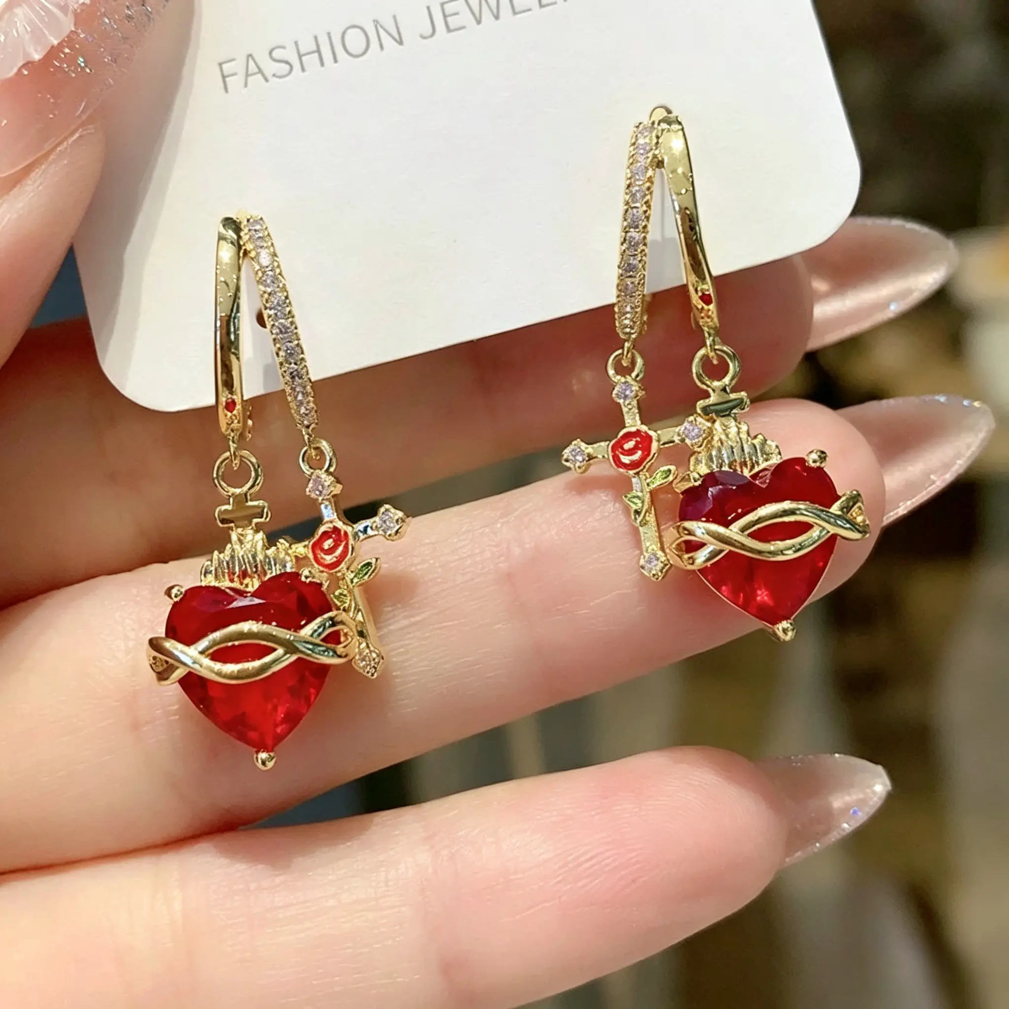 2026 New Red Heart-Shaped Earrings Creative Love Flame Thorn Earrings Vintage Heart Earrings for Women