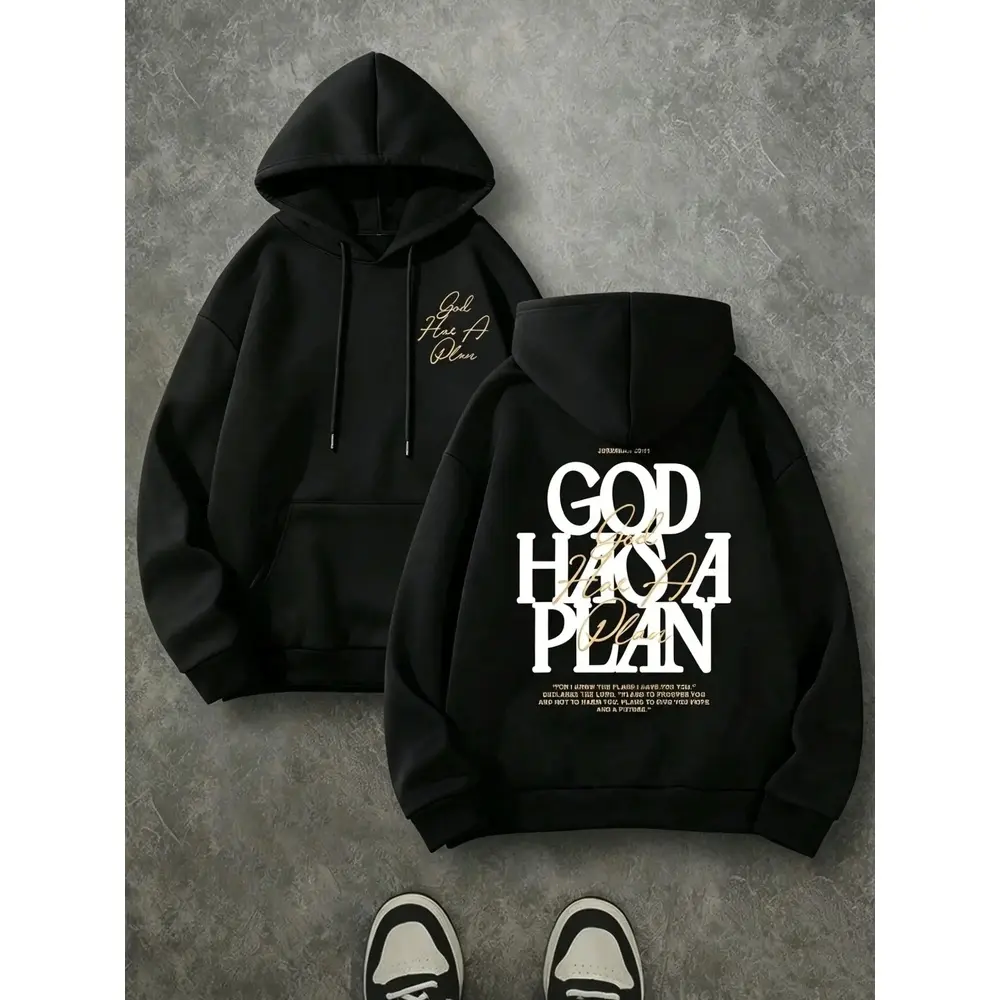 God Has A Plan Double Print Hoodie, 270G Brushed Fleece Christian Front Back Graphic Hooded Sweatshirt, Religious Faith Pullover, Soft Warm Casual Streetwear For Men Women