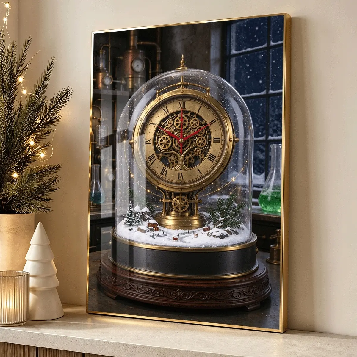 1pc Aluminum Alloy Frame Canvas, Steampunk Snow Globe Clock, Modern Decoration, Luxury Art Suitable For Living Room, Bedroom, And Corridor Wall Decor, Halloween And Christmas Gift.
