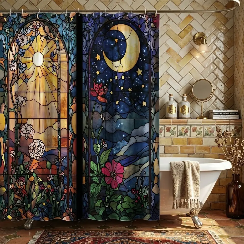 1pcs Stained Glass Sun Moon Star Floral Decorative Aesthetic Flower Shower Curtain, Vintage Mystical Bathroom Decor, Day Night Window Art, Perfect for Winter Solstice