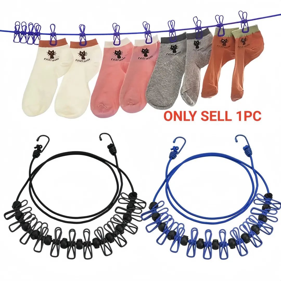 1Pc Portable Clothesline, Windproof Travel Stretch Elastic Laundry Line with 12 Clips, Suitable for Drying Clothes At Home, Vacation Hotels, Bars